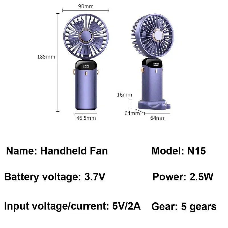 Rechargeable LED Neck Fan with 5 Speed Settings – Portable Handheld & Table Fan, Quiet & Adjustable